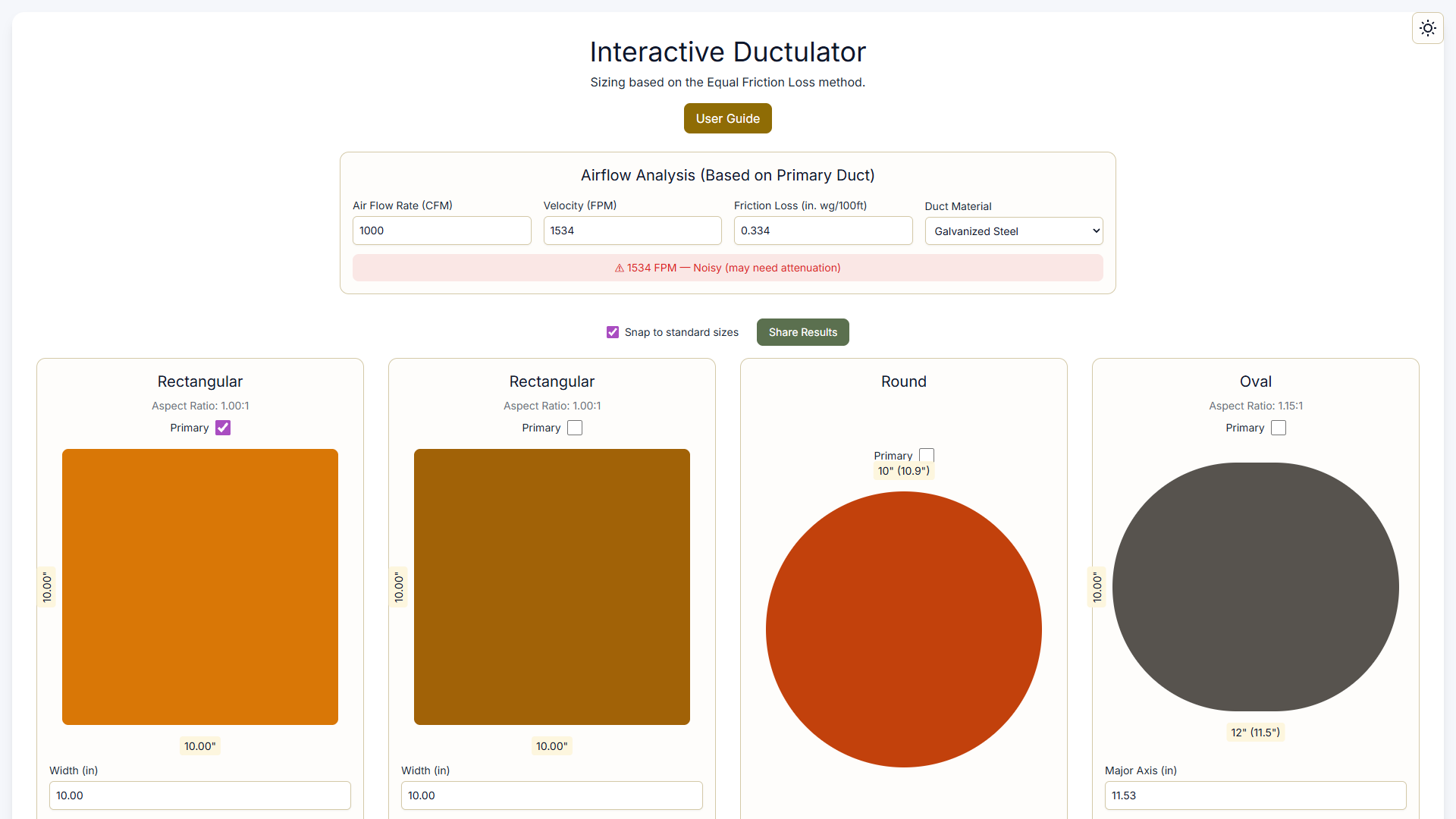 Interactive Ductulator app screen
