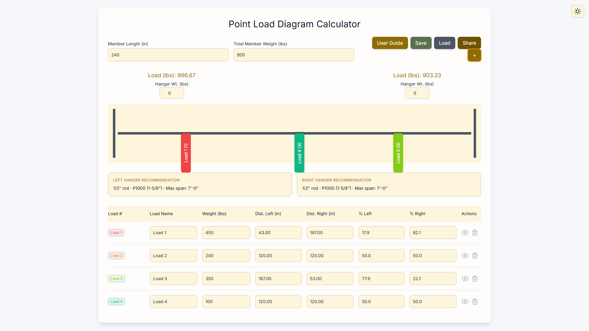 Point Load Calculator screen